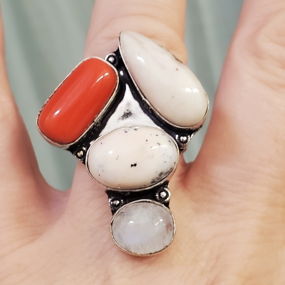 New Dendritic Opal, Coral, Rainbow Moonstone 925 Silver Statement Ring. - Picture 3 of 14